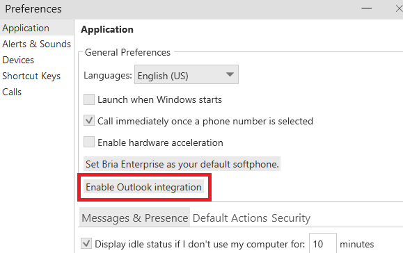Contacts & Outlook Integration (Bria Desktop) — screenshot